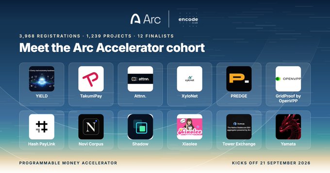 Promotional graphic for the Arc Accelerator program by Encode Club, showcasing 12 finalist projects including YIELD, TakumiPay, Attnn., XyloNet, PREDGE, GridProof by OpenPFP, Hash PayLink, Novi Corpus, Shadow, Xiaolee, Tower Exchange, and Yamata, with stats showing '3,968 Registrations · 1,239 Projects · 12 Finalists' and 'Kicks off 21 September 2026'.
