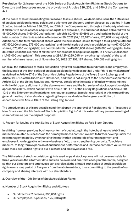 This image shows Resolution No. 2 from Metaplanet's shareholder meeting documents detailing the issuance of their 10th Series of Stock Acquisition Rights, including specific numbers of 170,500,000 stock options to be issued to 2 directors (335,000 rights) and 5 employees (125,000 rights) as part of a 3-year stock option plan. The document directly supports the social media claim by demonstrating that Metaplanet did publish comprehensive English-language disclosure of their stock acquisition rights issuance, specifying the recipients, quantities (57,192,187 new shares, 170,500,000 voting rights), and timeline—appearing to be a formal translation of the Japanese announcement made available to English-speaking shareholders before the February 2023 EGM vote.