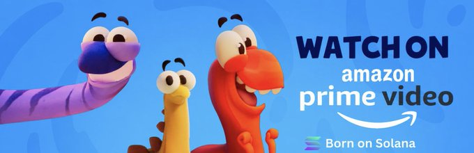 Promotional banner for Amazon Prime Video featuring colorful puppet characters with text 'WATCH ON amazon prime video' and 'Born on Solana' branding.