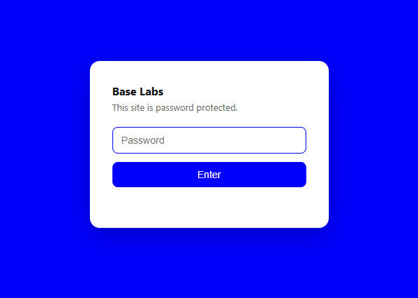 A password-protected login screen for 'Base Labs' with a blue background and an 'Enter' button.
