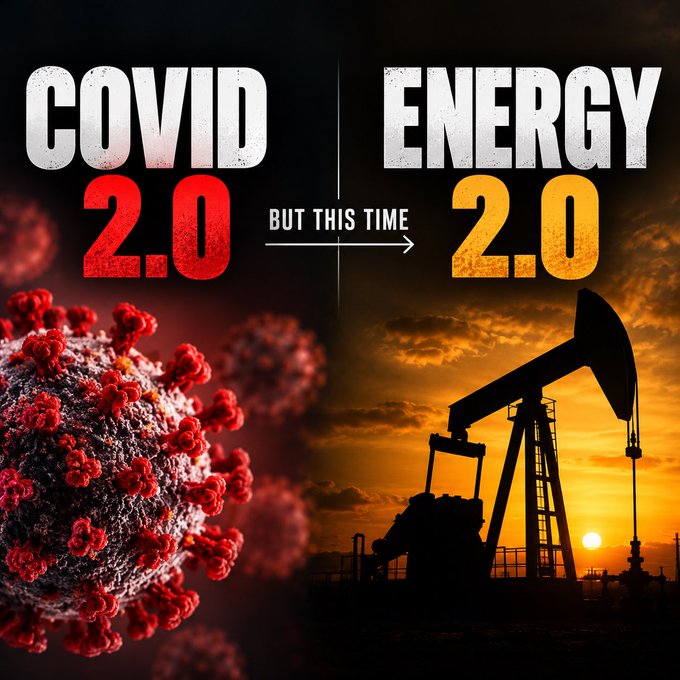 A split image with "COVID 2.0" on the left featuring a coronavirus graphic and "ENERGY 2.0" on the right showing an oil pumpjack silhouette at sunset, connected by "BUT THIS TIME." The image visually frames the post's thesis of an impending energy crisis, paralleling the disruption of the original pandemic but applied to the energy sector.