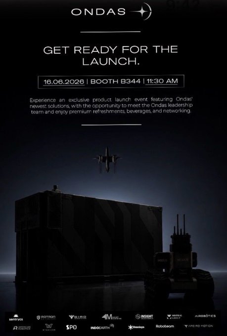 The image features a poster for an event called "ONDS", which stands for "Ondas". It includes a black background with white text that reads "Get ready for the launch! Experience an exclusive product launch event, featuring ONDAS B4444:30 AM, Booth #8224, and the opportunity to meet the creators of the ONDAS B4444. The event is scheduled for Saturday, 16th May."