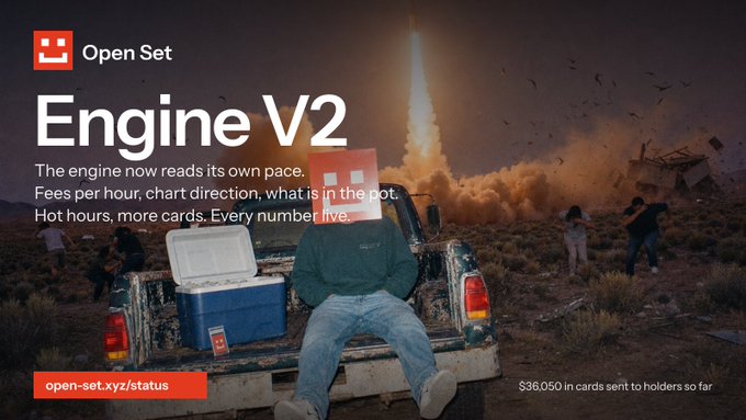An advertisement for 'Open Set Engine V2' set against a desert scene with a rocket launch, featuring text about real-time pace, fees, and charts, along with the URL 'open-set.xyz/status'.