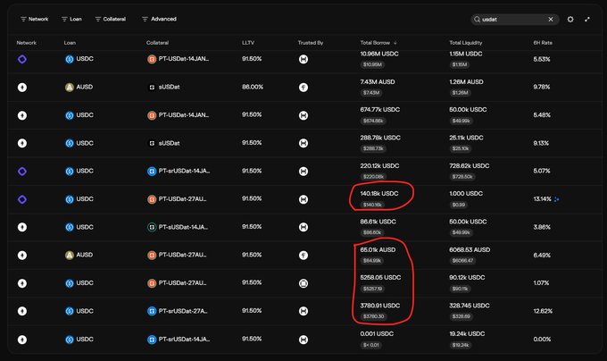 The image shows a Morpho lending dashboard displaying various loan positions with PT-eUSDe tokens as collateral, with red circles highlighting two rows showing 140.19K USDC and 6268.05 USDC in total borrower amounts. These circled values correspond to the "old PT" lending positions that the post warns about—specifically the PT-eUSDe-14JAN and PT-eUSDe-27AUG collateral positions that have expired but are still active on the platform, representing part of the $214.2K in funds still paying interest after the August Pendle pool expiration.