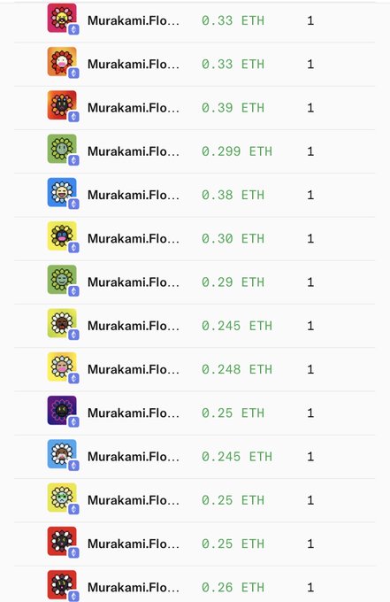A screenshot of an NFT marketplace listing showing multiple items from the 'Murakami.Flower' collection with prices in ETH ranging from 0.245 to 0.39 ETH.