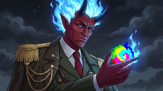 An illustration of a red demon-like character with blue flame hair in a military uniform holding a rainbow-colored pixel art flame.