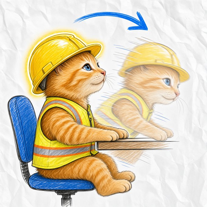 A pencil-drawn illustration shows an orange kitten in a yellow hard hat and high-visibility vest sitting at a desk, with a blue arrow above indicating a transformation into a motion-blurred version of itself mid-work. The post's reference to "Sue" being "locked in and ready to BUIDL" (crypto slang for building) aligns with the image's depiction of a focused, helmeted worker-kitten prepared to tackle a task, though no specific names or text appear in the artwork itself.