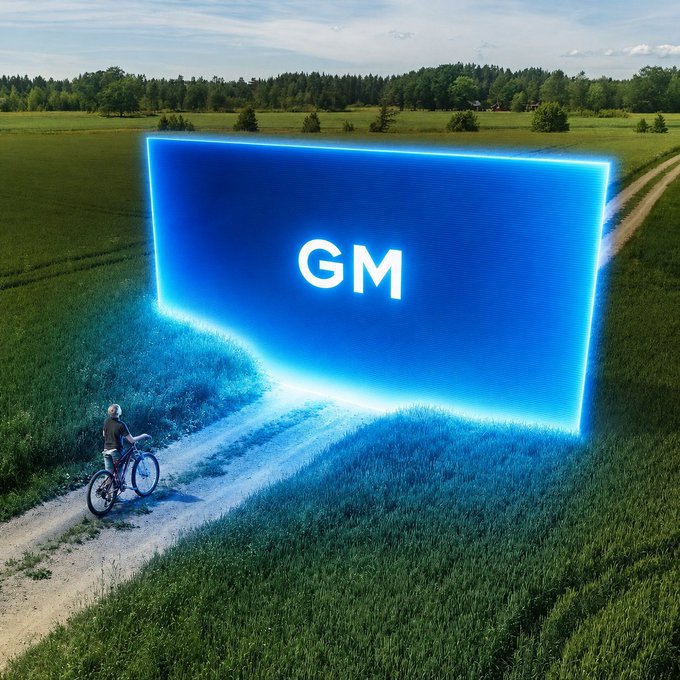 A cyclist rides toward a glowing blue “GM” sign in a rural field. The scene celebrates making it to Friday.