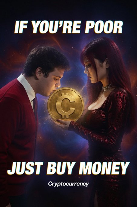 A meme with the text 'IF YOU'RE POOR' at the top and 'JUST BUY MONEY' at the bottom, with the word 'Cryptocurrency' below, featuring a man and woman looking at a gold coin with a 'C' symbol.