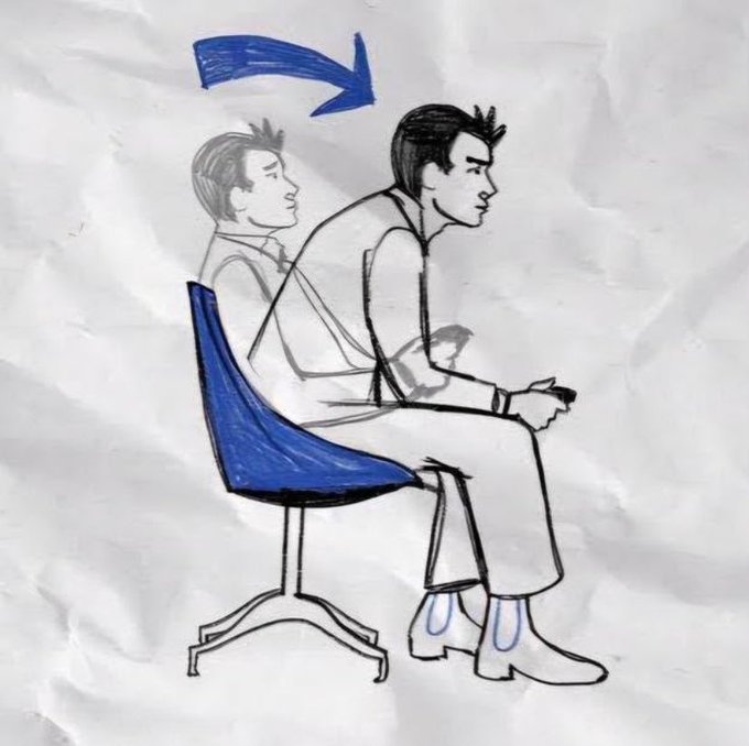 A hand-drawn sketch of a man sitting in a blue chair with a faded "ghost" figure behind him and a blue arrow pointing to his head, suggesting a theme of moving forward or leaving the past behind.