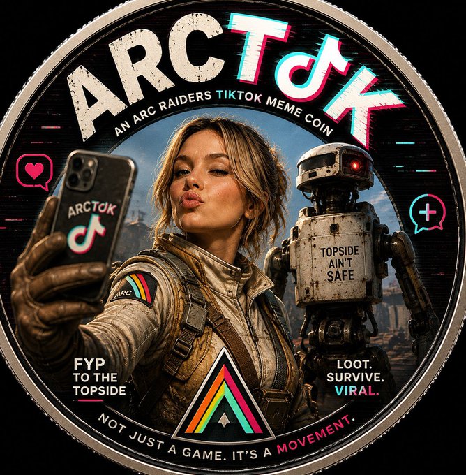 This image features the ARCTOK logo and slogan "AN ARC RAIDERS TIKTOK MEME COIN", alongside imagery of a woman taking a selfie with a robot, all related to the $ARCTOK cryptocurrency mentioned in the post.