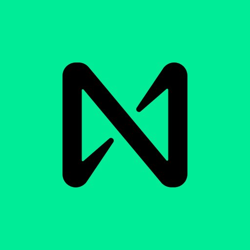 A simple logo featuring a black stylized letter 'N' on a bright green background.