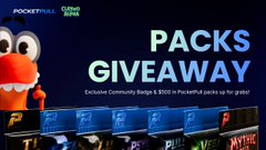 A promotional graphic for a Pocketful x Claynosaurz pack giveaway features the text "PACKS GIVEAWAY" with details about exclusive community badges and $500 in Pocketful packs up for grabs, alongside images of cracked packs revealing cards. The giveaway targets OG, Saga, or Popkins holders and closes July 22nd at 11 AM EST, as noted in the accompanying reminder post.