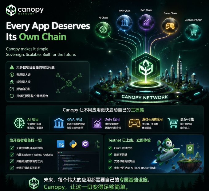 Canopy Network promotional graphic stating 'Every App Deserves Its Own Chain,' highlighting chains for AI, RWA, DeFi, Game, and Consumer, with a 'Testnet is live' call to action.