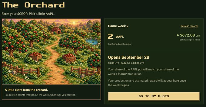 Digital interface for 'The Orchard' crypto game, showing Game week 2 with a 2 AAPL confirmed onchain pot valued at approximately $672.08 USD, opening September 28.