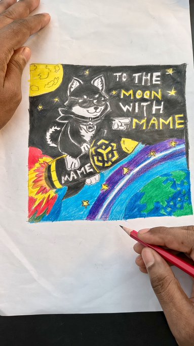 A hand-drawn colored illustration shows a dog wearing a spacesuit riding a rocket labeled "MAME" through space, with the text "TO THE MOON WITH MAME" written alongside stars, a moon, and a colorful Earth below. The image visually brings the caption's story to life by depicting Mame's mascot launching into space on a rocket as part of a hand-drawn "To the Moon" narrative.