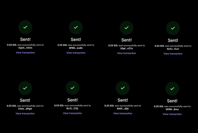 A grid of eight green checkmarks confirming successful transfers of 0.25 SOL each to wallet addresses ending in f3Vrw, ws8n, vzYy, t3JJ, 6PgA, C7jL, JEjS, and 6nou, corresponding to the giveaway winners announced in the post.