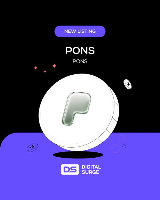 A promotional graphic for a 'NEW LISTING' on Digital Surge featuring the 'PONS' token, displaying a large white coin with a metallic 'P' logo against a purple and black background.