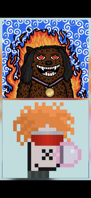 A digital artwork split into two panels: the top panel shows a grinning, red-eyed dog-like creature with a medal surrounded by flames, and the bottom panel displays a pixel art character holding a cup.