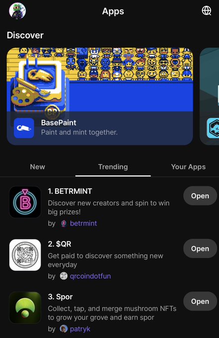 A screenshot of the Farcaster Apps directory shows "BasePaint" featured at the top under "Discover" and "1. BETRMINT" leading the "Trending" tab, which aligns with the post celebrating BETRMINT's status as the number one onchain app on Farcaster.