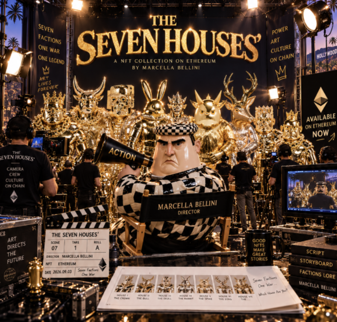 A promotional image for 'The Seven Houses' NFT collection on Ethereum by Marcella Bellini features golden crowned characters with a director holding a megaphone and a film clapperboard showing scene 07.