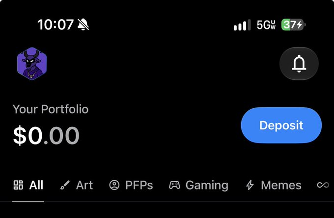 A dark mobile wallet app interface showing a 'Your Portfolio' balance of $0.00 with categories like All, Art, PFPs, Gaming, and Memes.
