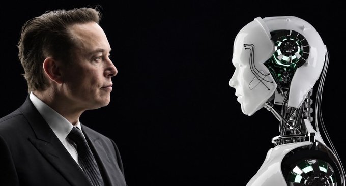 Elon Musk in a dark suit faces a humanoid AI robot in a conceptual image depicting the intersection of technology and humanity.