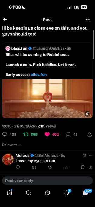 Another Twitter/X post quoting the same @bliss.fun announcement about Bliss coming to Robinhood, with the user writing 'Ill be keeping a close eye on this, and you guys should too!'