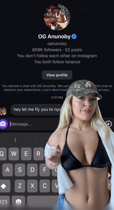 An Instagram DM screenshot shows a conversation with 'OG Anunoby' with the message 'hey let me fly you to nyc', with an image of a woman in a bikini superimposed on top.