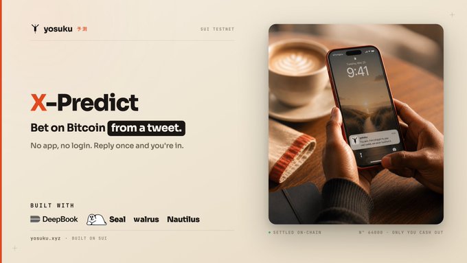 Promotional graphic for 'yosuku' on Sui Testnet featuring 'X-Predict', allowing users to bet on Bitcoin directly from a tweet without an app or login, built with DeepBook, Seal, Walrus, and Nautilus.