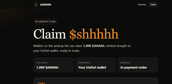 A webpage titled '$hhhhhh' with an 'AIRDROP CLAIM' badge and heading 'Claim $hhhhh', stating wallets on the airdrop list can claim 1,000 $hhhhh, minted straight to their UniSat wallet.