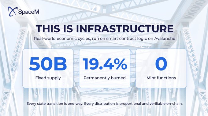 An infographic from SpaceM titled 'THIS IS INFRASTRUCTURE' about Avalanche blockchain smart contracts, listing '50B Fixed supply', '19.4% Permanently burned', and '0 Mint functions'.
