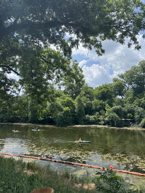 The image shows three people kayaking down a river, surrounded by trees and greenery. One person is paddling a blue kayak, while two others are rowing their respective boats. The scene appears to be set in a park or natural setting with a backdrop of trees and bushes. In the background, there's an orange barrier that seems out of place amidst the lush surroundings. The image also contains text that reads "I live everyday like neet coin is a multi billion dollar asset".