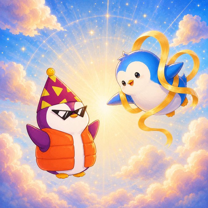 A whimsical digital illustration of two cartoon penguins—one wearing a party hat and sunglasses, the other floating with a flowing golden ribbon—set against a bright, cloudy sky with a radiant sunburst.