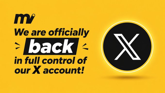 The image features a yellow background with black text that reads "We are officially back in full control of our X account!". The main focus of the image is a logo for a company named 'moove'. The logo has a circle with an x inside, symbolizing the company's name and their return to normalcy. The post also mentions that the team took immediate action to resolve the issue and restore the account.
