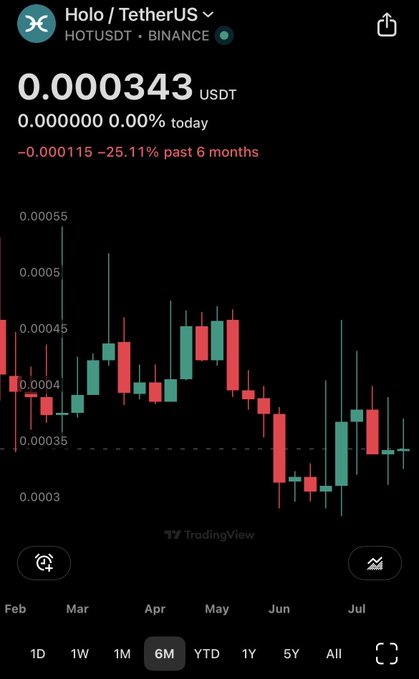 A cryptocurrency price chart for Holo/TetherUS (HOT/USDT) on Binance, showing a current price of 0.000343 USDT, down 25.11% over the past 6 months, displayed on a 6-month TradingView candlestick chart.