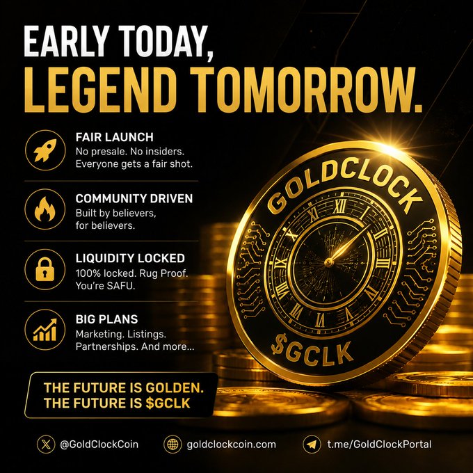 A gold-themed crypto meme coin advertisement for $GCLK (GoldClock), featuring the slogan 'EARLY TODAY, LEGEND TOMORROW' and listing features like Fair Launch, Community Driven, Liquidity Locked, and Big Plans, with social handles @GoldClockCoin and t.me/GoldClockPortal.