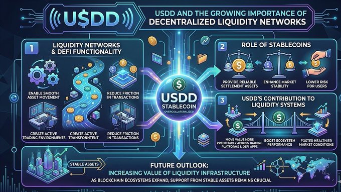 The image presents a detailed infographic depicting various processes related to centralized and decentralized forms of digital currency, specifically focusing on USDD. The infographic features different types of digital coins and their functions, as well as illustrations of transactions, blockchain networks, and centralized finance systems. The accompanying text emphasizes the benefits of decentralized liquidity networks by providing examples of stablecoins that strengthen these systems through increased stability and reliability in asset movement and trading environments.