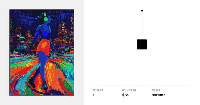 A digital auction page displaying a colorful, neon-style painting of a girl with headphones roller skating, with an opening bid of $69 and a bidder named 'hittman'.