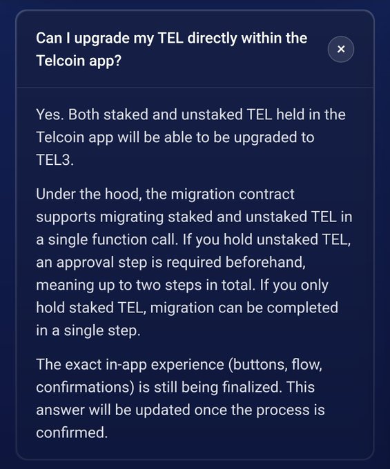 FAQ popup answering 'Can I upgrade my TEL directly within the Telcoin app?' explaining the migration process from TEL to TEL3 for staked and unstaked tokens.