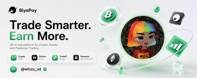 A BiyaPay advertisement promotes 'Trade Smarter. Earn More.' describing it as an all-in-one platform for Crypto, Stocks, and Predictive Trading, with the handle '@whizz_xd'.