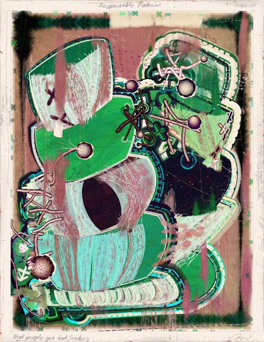 An abstract painting titled 'Respectable Rodness' featuring green, teal, and brown organic shapes with handwritten text around the borders.