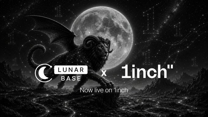 A monochromatic promotional graphic features a winged, horned beast standing beneath a large full moon, with the text "LUNAR BASE x 1inch" and "Now live on 1inch" overlaid, announcing the integration of LunarBase with the 1inch network as highlighted in the accompanying post.