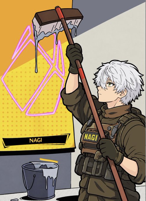 An anime-style illustration shows a character named 'NAGI' wearing tactical gear, holding a paint roller dripping with white paint against a yellow wall featuring a geometric logo.
