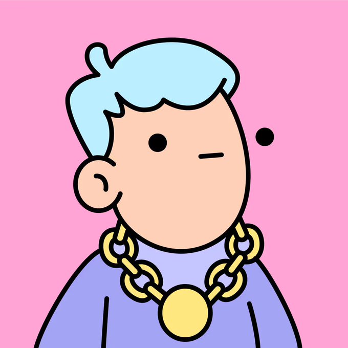 The image features a cartoon character wearing a gold chain necklace, with a pink background that contrasts with the character's blue hair. The character appears to be looking at something off-camera or to their left side. There are no texts present in the image.