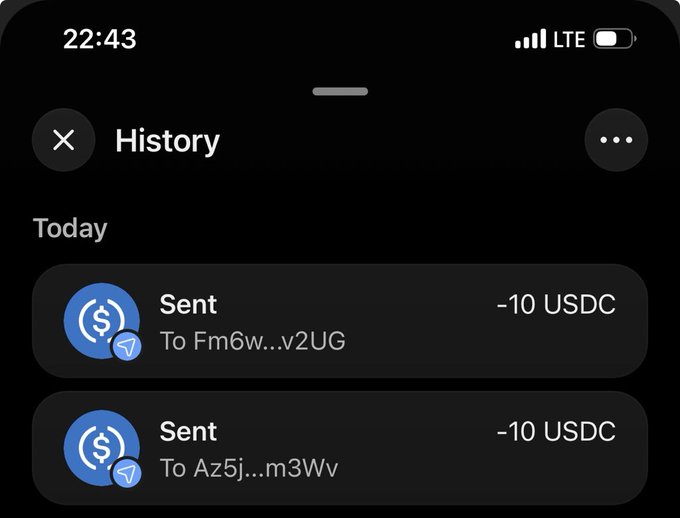 The image shows a transaction history displaying two sent USDC transfers of -10 USDC each, sent to addresses Fm6w...v2UG and Az5j...m3Wv. This serves as proof of the two 10 USDC tips sent to the winners @utddammy and @DayoWeb3_ mentioned in the post, demonstrating the claimed airdrops.