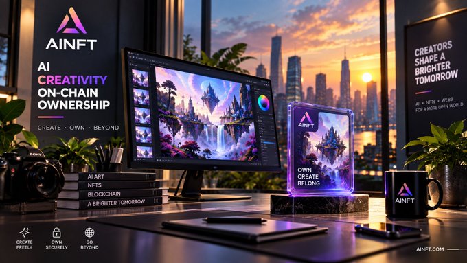 A promotional image for 'AINFT' featuring a workspace with a monitor displaying fantasy artwork, a glowing NFT display, and text reading 'AI CREATIVITY ON-CHAIN OWNERSHIP', 'CREATE · OWN · BEYOND', and 'CREATORS SHAPE A BRIGHTER TOMORROW'.