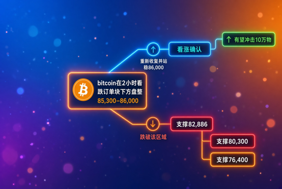 Infographic on a blue and orange background analyzing Bitcoin price action, stating that if it reclaims the 86,000 level, a bullish confirmation could lead to a short squeeze of 100,000 (有量冲击10万物), while downside targets are listed at support levels of 82,886, 80,300, and 76,400 (跌破该区域).