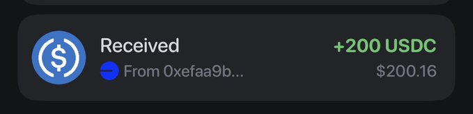 A digital wallet transaction notification showing a received payment of +200 USDC ($200.16) from address 0xefaa9b...