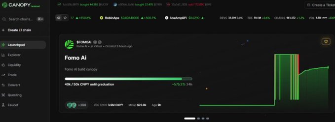 A Canopy terminal interface displaying the 'Fomo AI' token ($FOMOM) on Robinhood Chain, showing a market cap of $1.99M and a 40K/50K CNPY graduation progress.